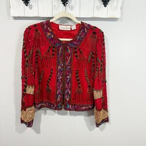 Laurence Kazar Vintage Red Beaded Silk Cropped Jacket Size M